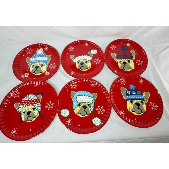 Cynthia Rowley New York Holiday French Bulldog Plates 6 Red 8" Melamine - Picture 1 of 6